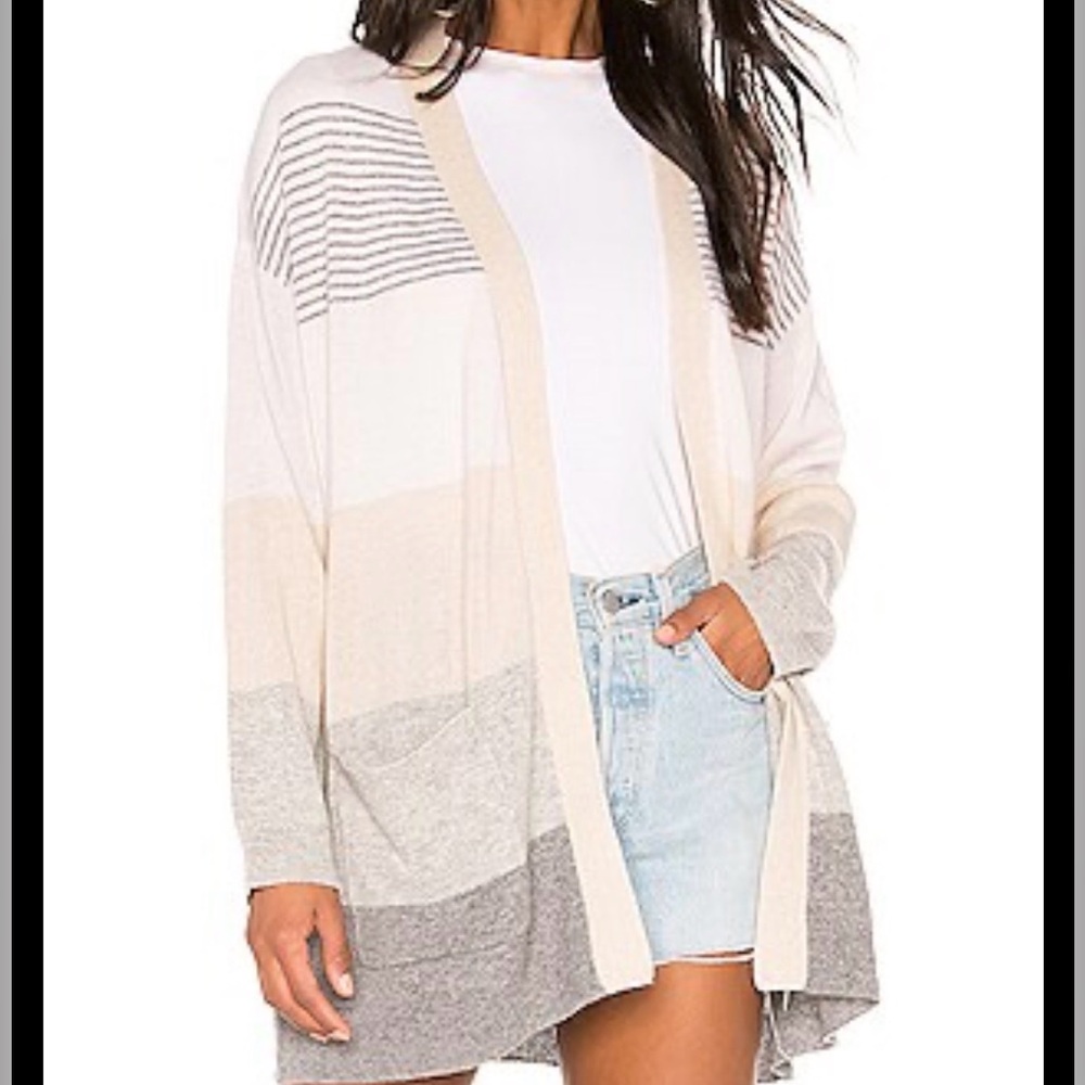 27 Miles Sz M Open-Front Cream and Gray Striped Knit Cardigan